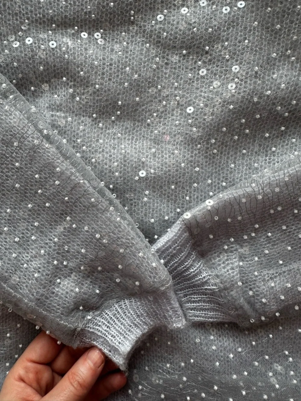 ZARA Sheer Sequin Tulle Sweater Grey Embellished Knit Top XS - Picture 10 of 13